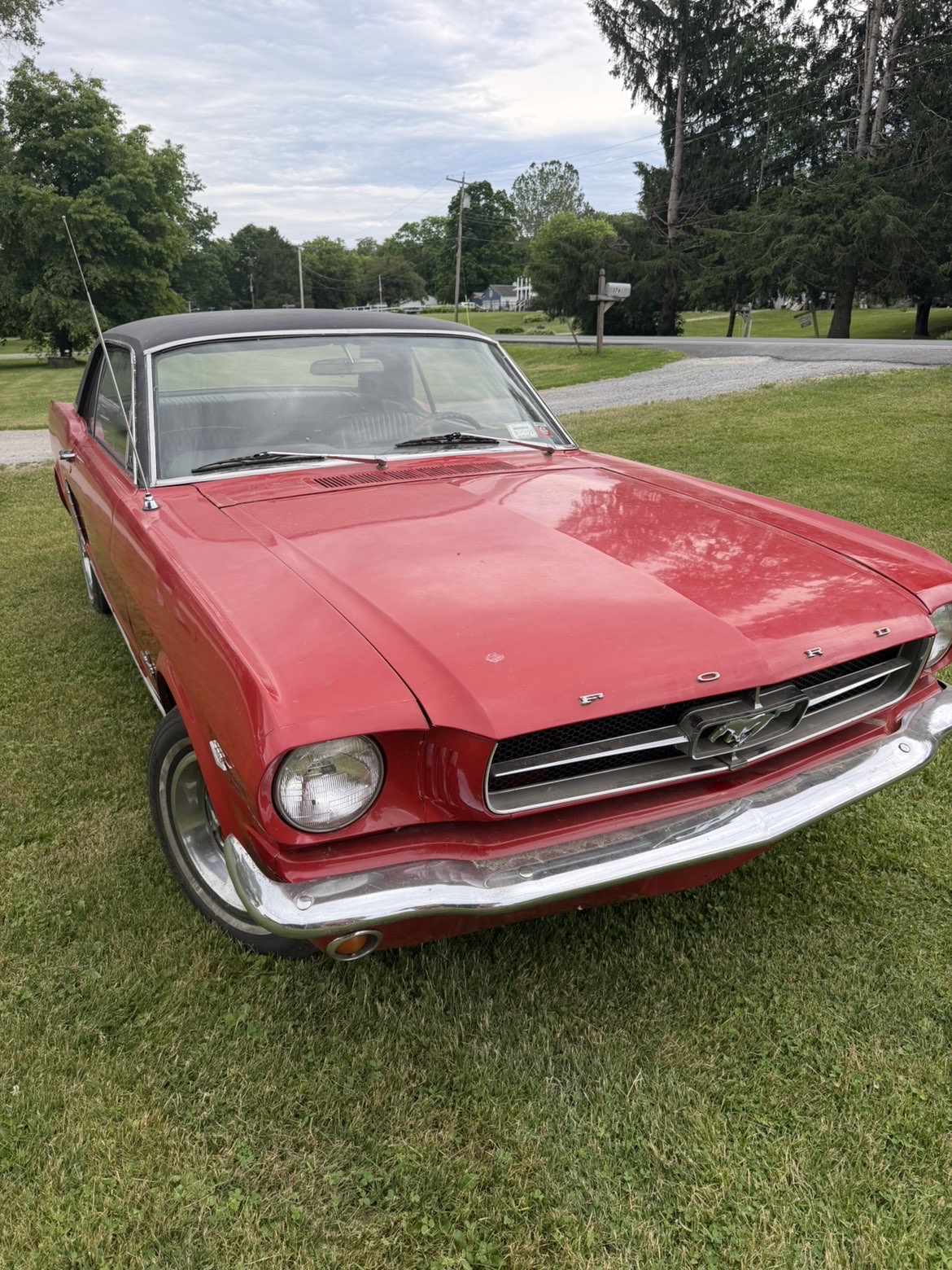 Classic red Ford Mustang with dull, hazy paint before detailing